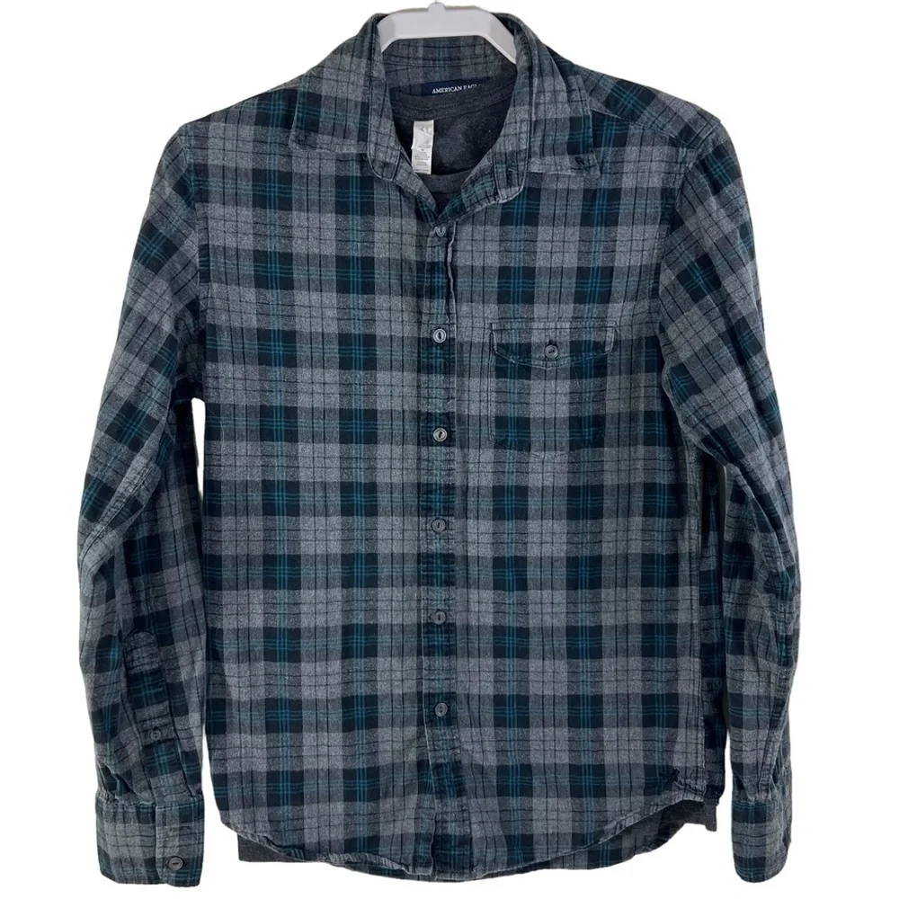 American Eagle Black Teal Plaid Flannel Shirt Extra Small